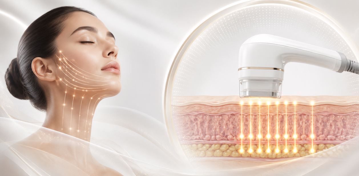 Mujer utilizando un dispositivo de tratamiento facial con luz naranja cálida en un primer plano de la zona facial.