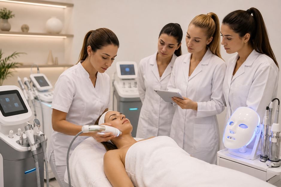Personal de una clínica de estética realizando un tratamiento facial a una clienta en una sala de tratamiento.