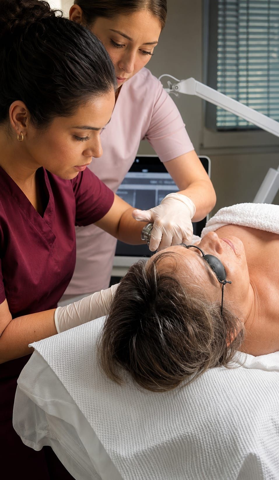 Dos profesionales de la salud realizan un tratamiento facial a una clienta que yace en una camilla de spa.