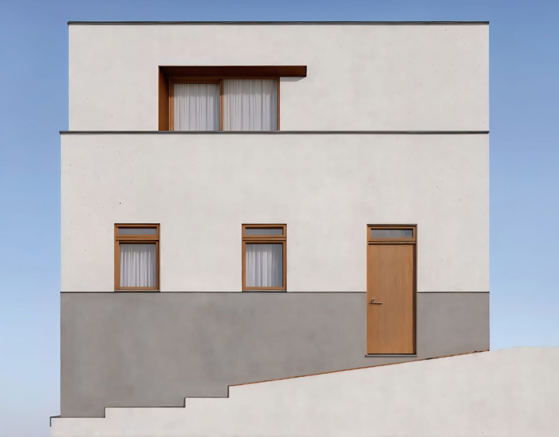 Impresión artística de una casa con escaleras que conducen a ella.