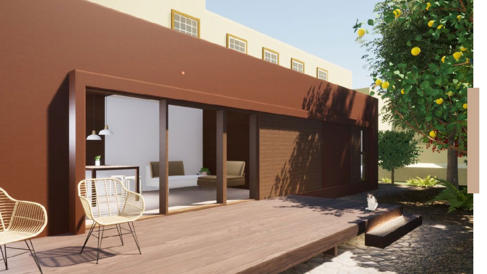 Impresión artística de una casa con una gran puerta corrediza de vidrio.
