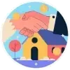 Una pareja de personas se dan la mano delante de una casa.