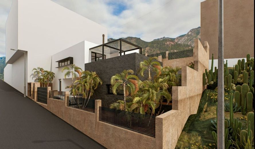 Impresión artística de una casa con valla y palmeras.
