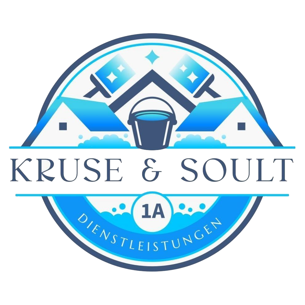 Logo für Kruse & Soult Dienstleistungen: Häuser, Eimer, Bürsten, in Blau und Weiß.