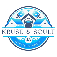 Logo für Kruse & Soult Dienstleistungen: Häuser, Eimer, Bürsten, in Blau und Weiß.