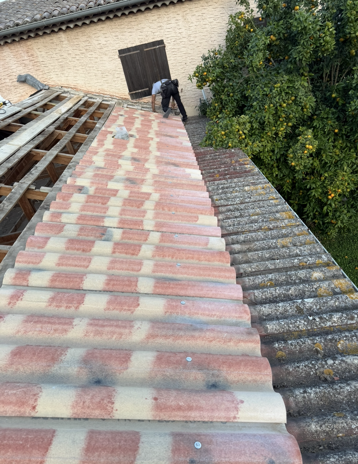 Une personne sur un toit installe de nouvelles tuiles à côté d'une section de toiture abîmée par les mousses.