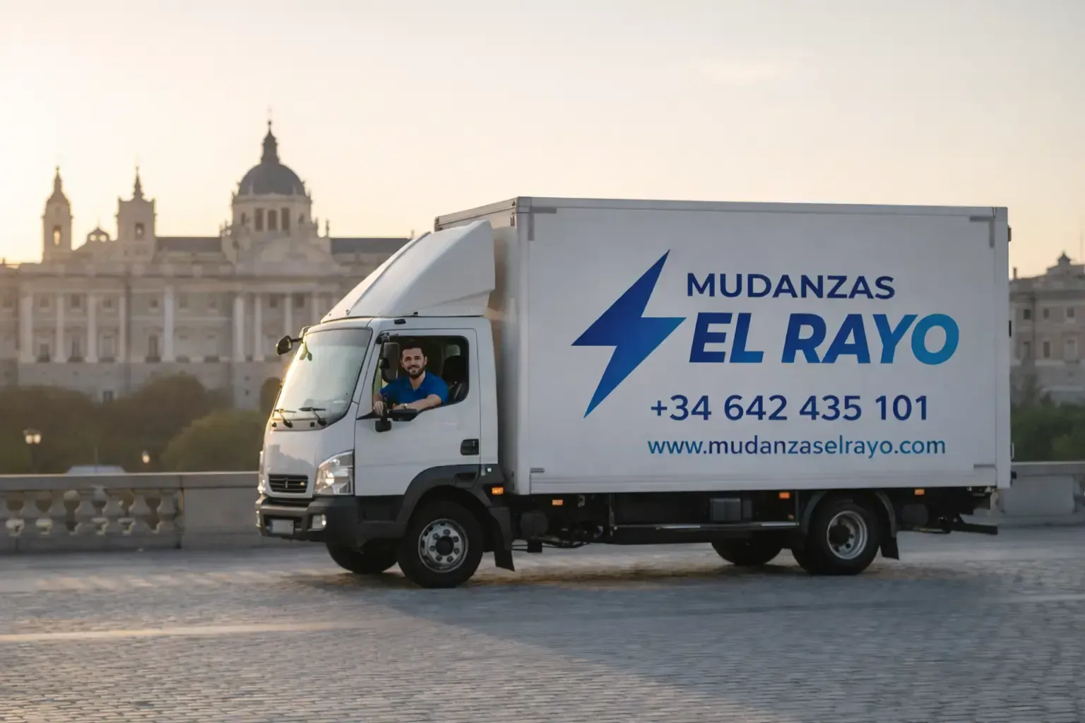 Un camión de mudanzas blanco con la marca 