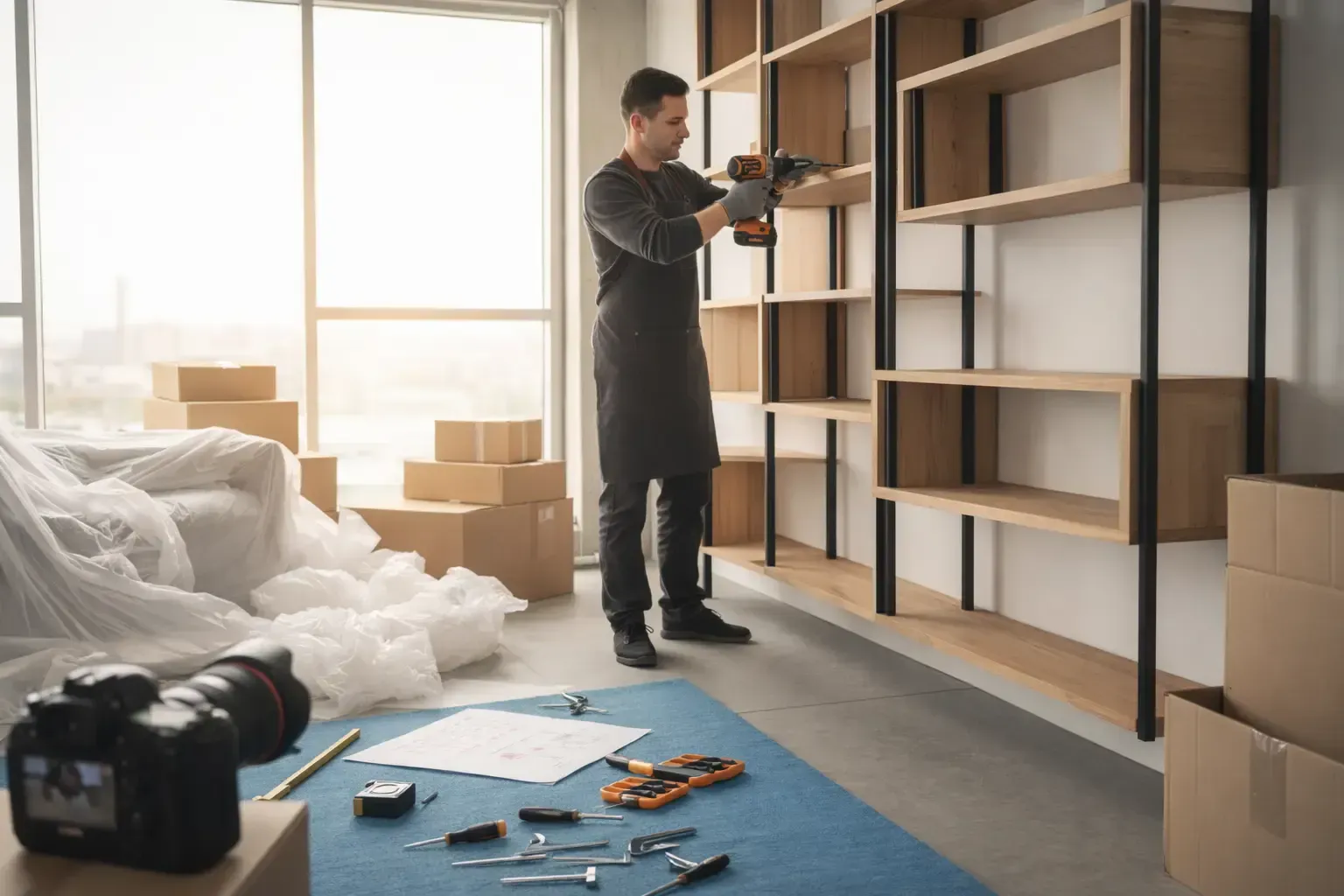 Una persona con delantal utiliza un taladro eléctrico para ensamblar estantes de madera en una habitación llena de cajas de cartón para mudanzas.