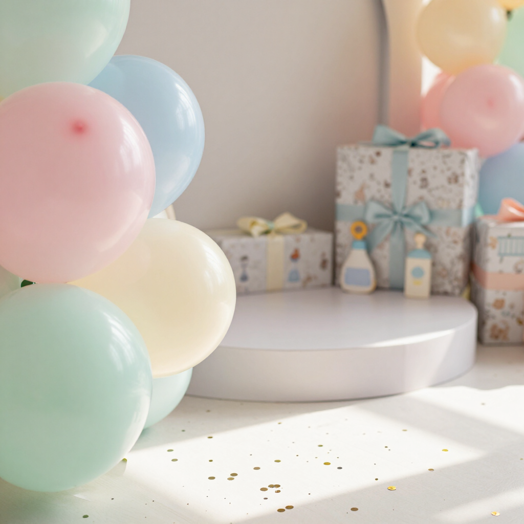 Globos de colores pastel, regalos envueltos y un pedestal redondo blanco en una fiesta decorada con confeti en el suelo.