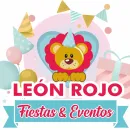 Logo de Le&oacute;n Rojo Fiestas & Eventos con le&oacute;n animado, globos y banderines pastel.