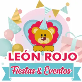 Logo de Le&oacute;n Rojo Fiestas & Eventos con le&oacute;n animado, globos y banderines pastel.
