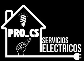 Logo de PRO.CS Servicios El&eacute;ctricos en blanco sobre fondo negro con casa, bombilla y enchufe.