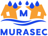 Logo pour Murasec représentant deux maisons orange avec des gouttes de pluie bleues, de l'eau et du texte.