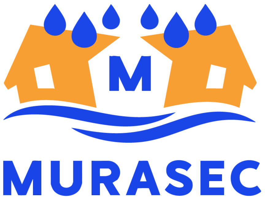 Logo pour Murasec représentant deux maisons orange avec des gouttes de pluie bleues, de l'eau et du texte.