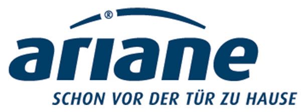 A blue and white logo for ariane schon vor der tür zu hause