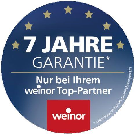 A sticker that says 7 jahre garantie nur bei ihrem weinor top-partner