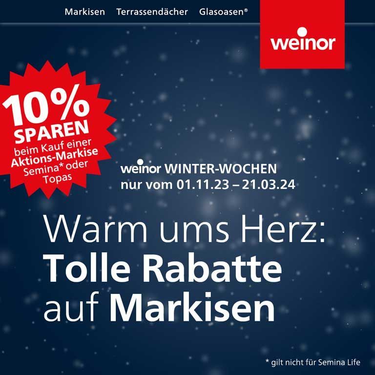 Eine Werbung für Weinor Winter zeigt einen verschneiten Hintergrund