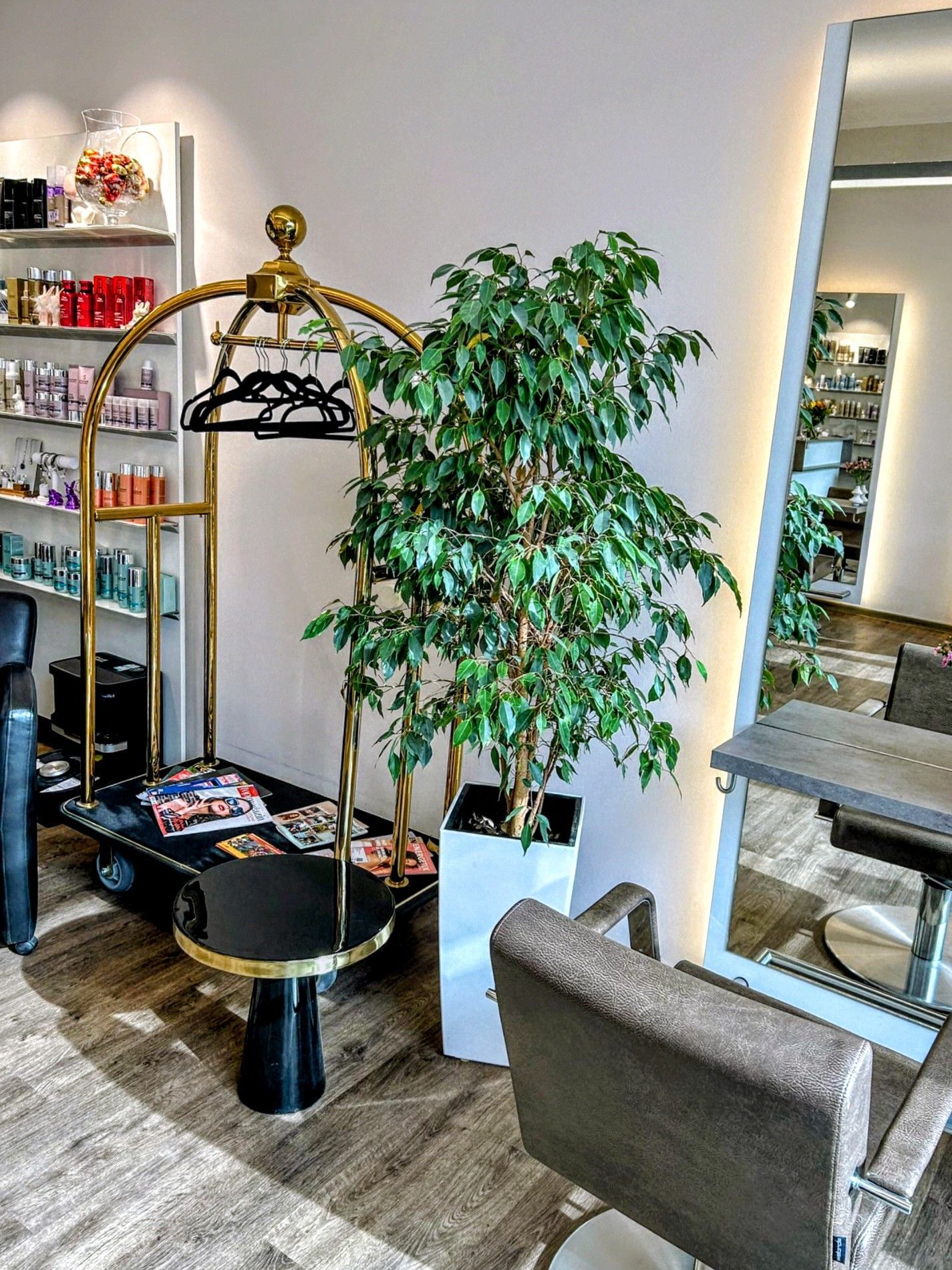 Friseursalon Kagel in Werder mit einem Gepäckwagen aus Messing, Ficus im Topf, Friseurstuhl und Regalen voller Haarprodukte.