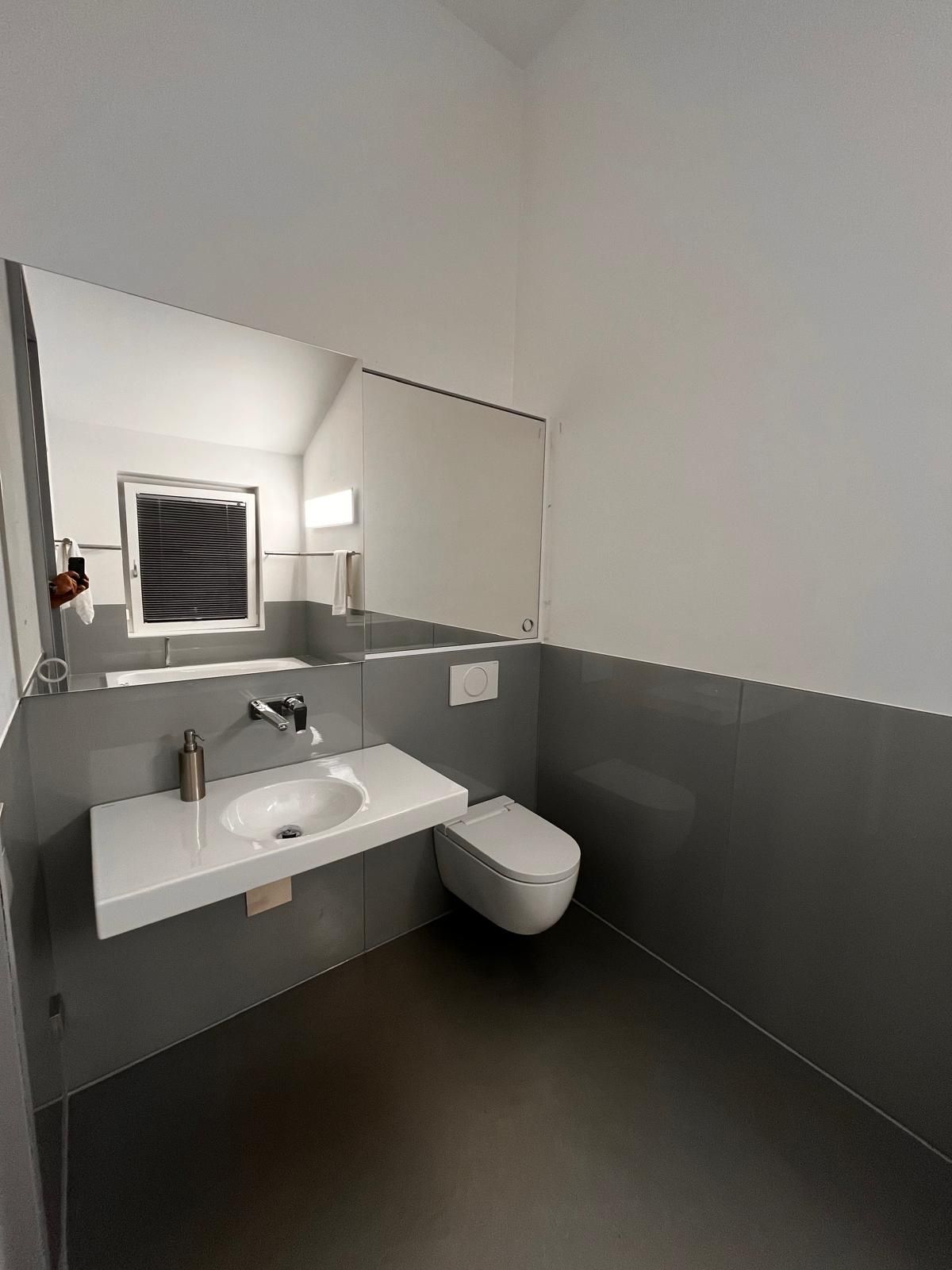 Modernes, barrierefreies Badezimmer mit Waschbecken, Wandspiegel und Toilette in Grau- und Weißtönen.