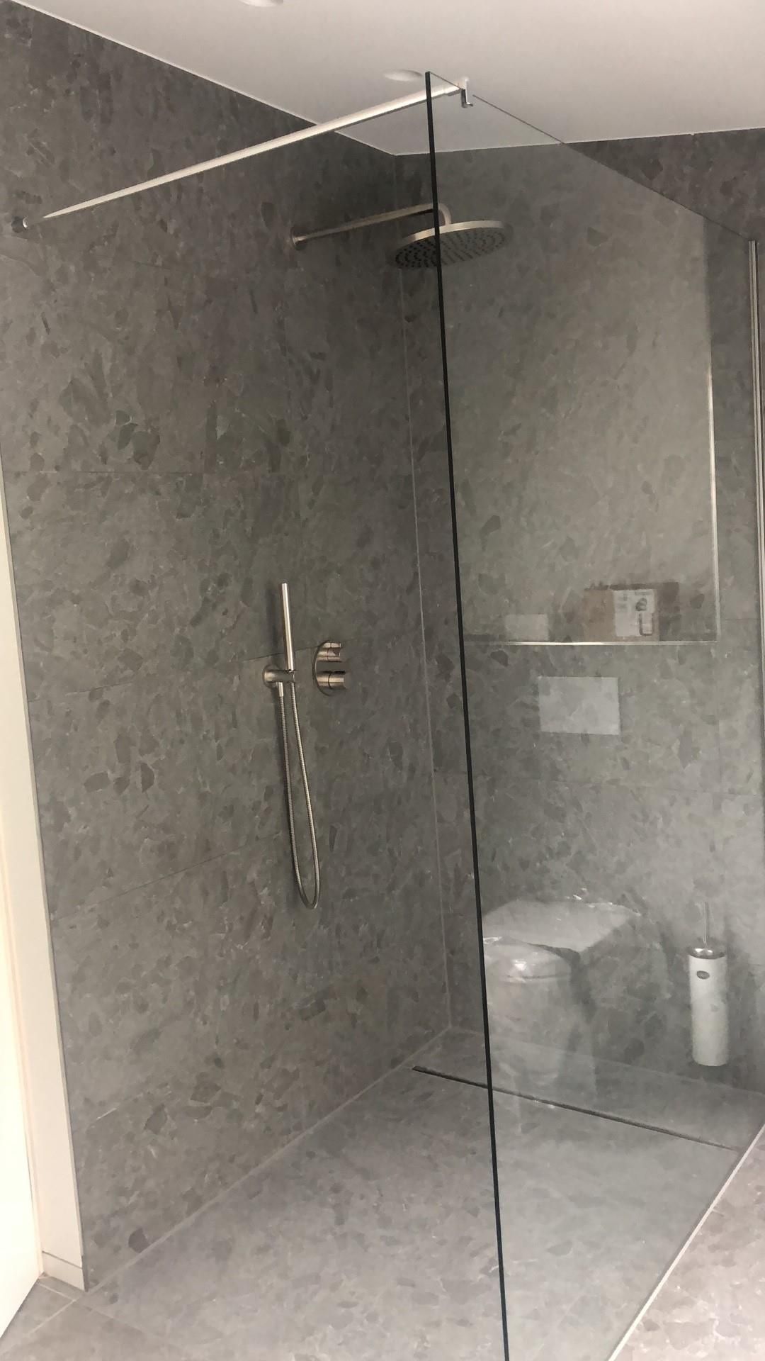 Ein Badezimmer mit ebenerdiger Dusche und Toilette.