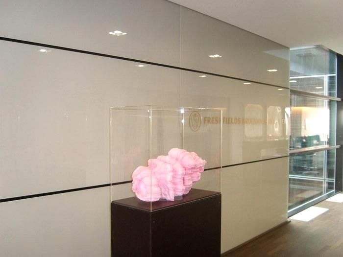 Eine rosa Skulptur in einer Glasvitrine in einem Flur