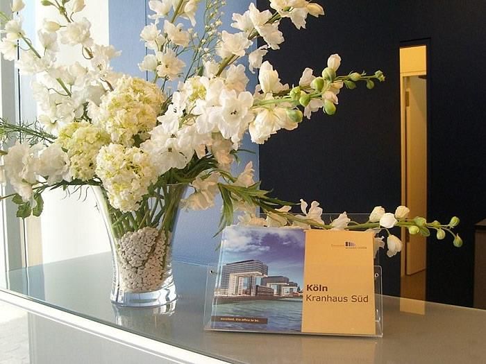 Eine Vase mit weißen Blumen steht auf einem Tisch neben einer Broschüre mit der Aufschrift „vhn“