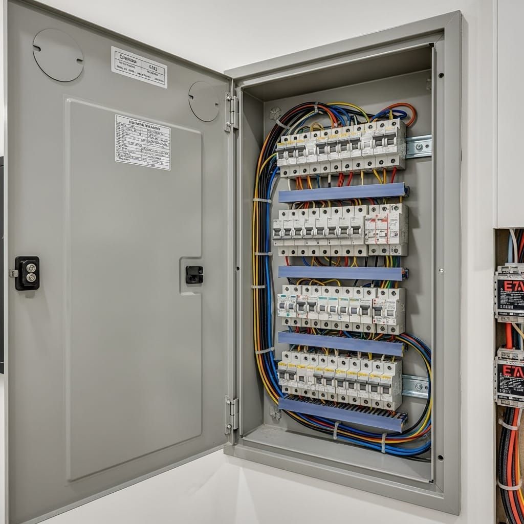 Una caja eléctrica con muchos cables saliendo de ella.