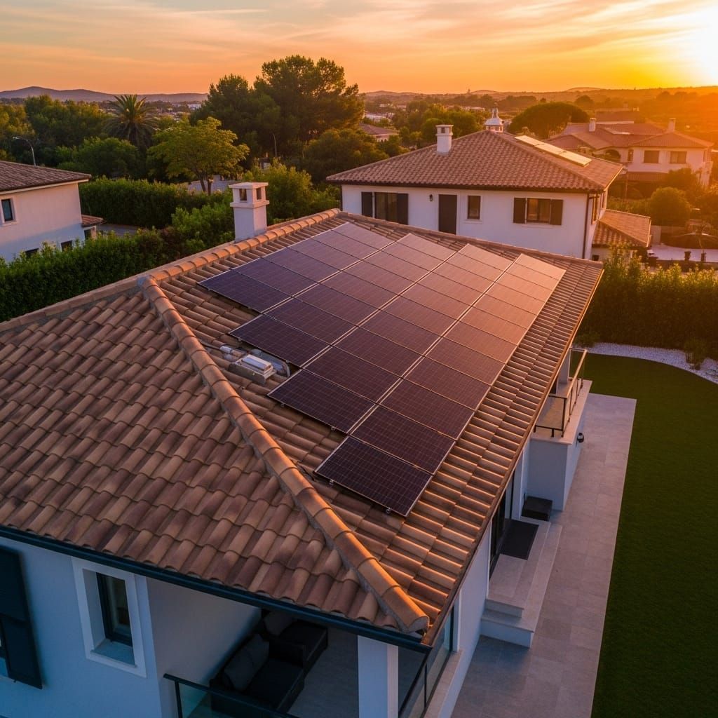 Una vista aérea de una casa con paneles solares en el techo.
