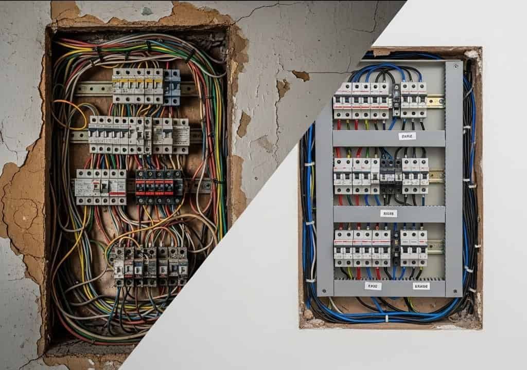 Una imagen de antes y después de una caja eléctrica en una pared.