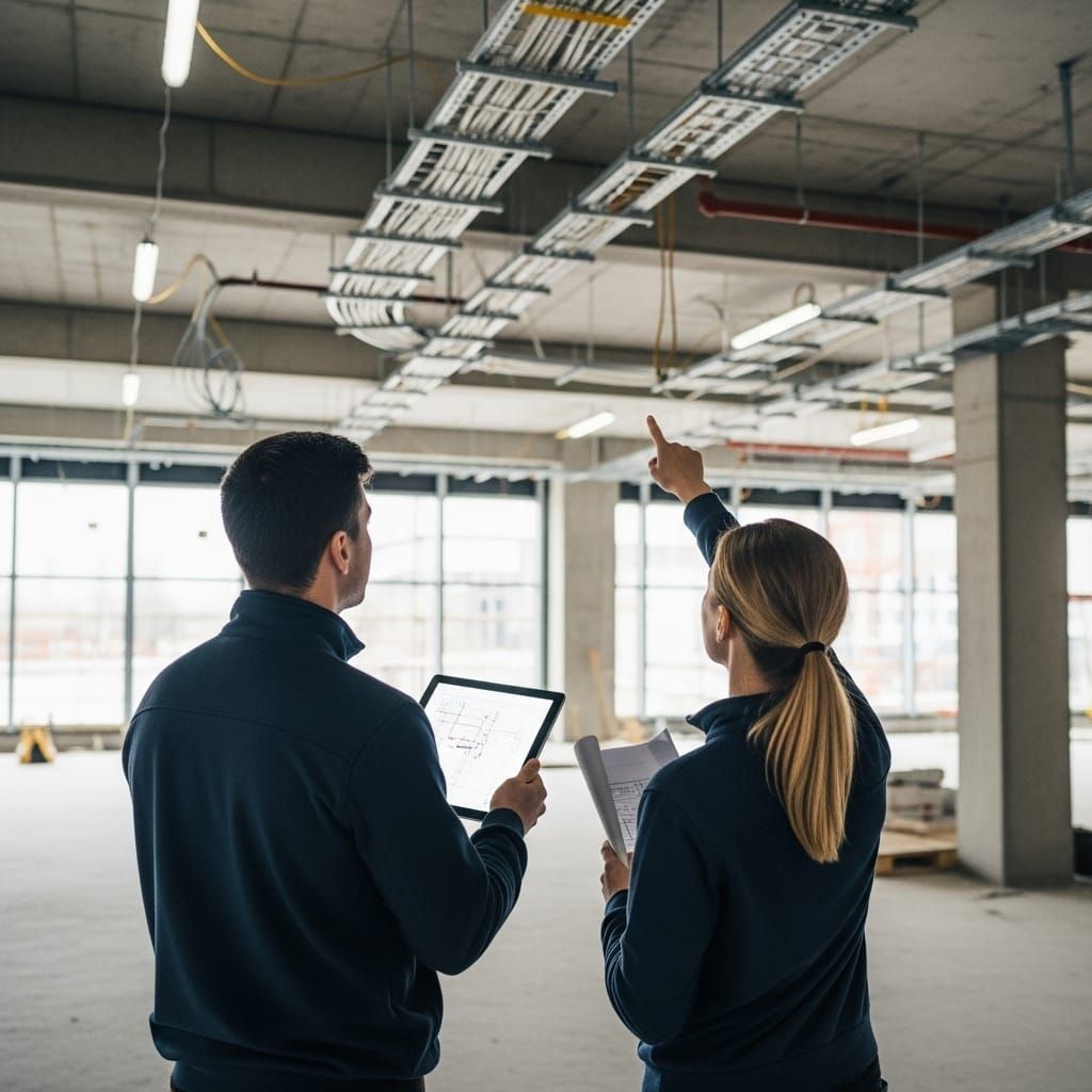 Un hombre y una mujer miran una tableta en una habitación vacía.
