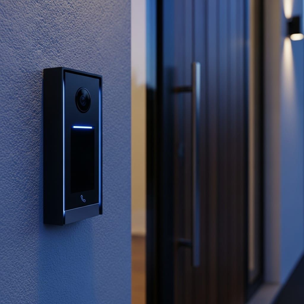 Un timbre está montado en el costado de un edificio al lado de una puerta.