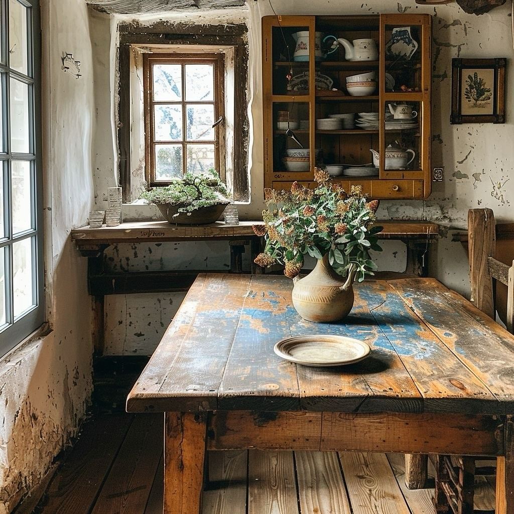 Cocina rústica con mesa de madera, armario y ventana. Un jarrón de flores sobre la mesa.