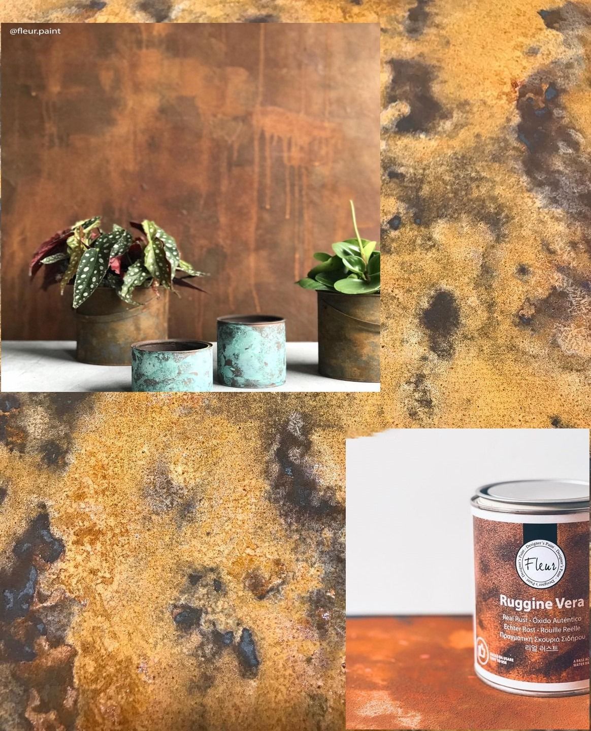 Pared rústica de color cobre y macetas con plantas, con un primer plano y una lata del acabado de la pared.