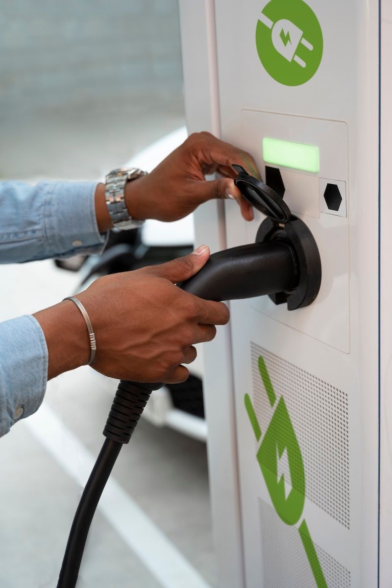 Une personne insérant un câble de recharge pour véhicule électrique dans une borne de recharge.