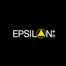 Le logo Epsilon+ en texte blanc sur fond noir, avec un triangle jaune à l'intérieur d'un cercle à la place de la lettre O.