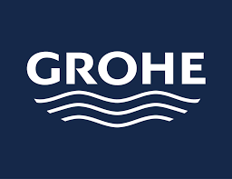 Le logo blanc de la marque GROHE avec trois vagues blanches stylisées en dessous, le tout centré sur un fond bleu foncé.