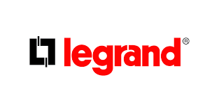 Logo de Legrand : une icône géométrique abstraite noire à gauche du mot « legrand » en lettres minuscules rouges grasses.