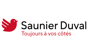 Icône d'oiseau rouge à côté du nom de la marque Saunier Duval et du slogan « Toujours à vos côtés » en texte noir et rouge.