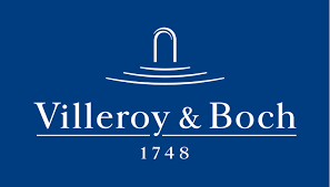 Le logo de Villeroy & Boch : texte blanc et icône inspirée d’une fontaine sur fond bleu uni, avec l’année 1748 en dessous.