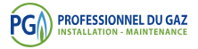 Logo avec « PG » et une flamme de gaz stylisée bleue et verte à l'intérieur d'un cercle, avec le texte « PROFESSIONNEL DU GAZ ».