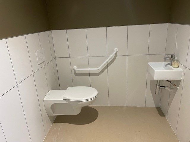 Des toilettes suspendues et un petit lavabo dans des toilettes accessibles carrelées, avec une barre d'appui blanche sur le mur latéral.