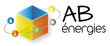 Logo pour AB énergies représentant un cube isométrique multicolore entouré de petites icônes de service et du nom de l'entreprise.