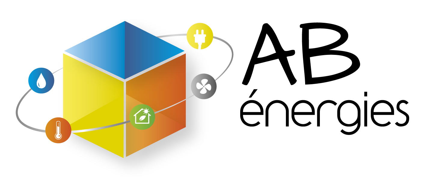 Logo pour AB énergies représentant un cube isométrique multicolore entouré de petites icônes de service et du nom de l'entreprise.