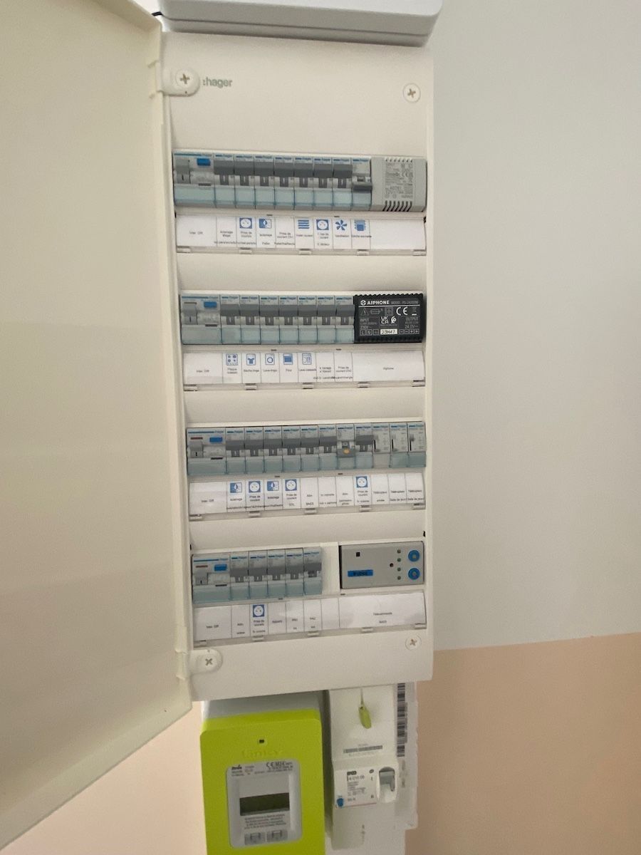 Un tableau de distribution électrique blanc avec plusieurs rangées de disjoncteurs et un compteur électrique installé en dessous.