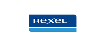 Le logo Rexel comporte le mot « Rexel » en blanc sur un rectangle bleu foncé au-dessus d'une barre bleu clair.