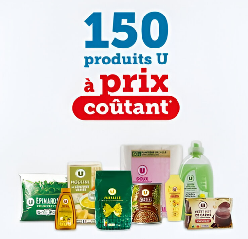 150 produits U à prix coûtant, différents produits U alignés de gauche à droite : un paquet d'épinards surgelés, un pot de miel, une brique de soupe, un paquet de pâtes, une boîte de conserve de lentilles, du papier toilette, un shampoing, une bouteille de lessive, un paquet de 4 pots de crème au chocolat.