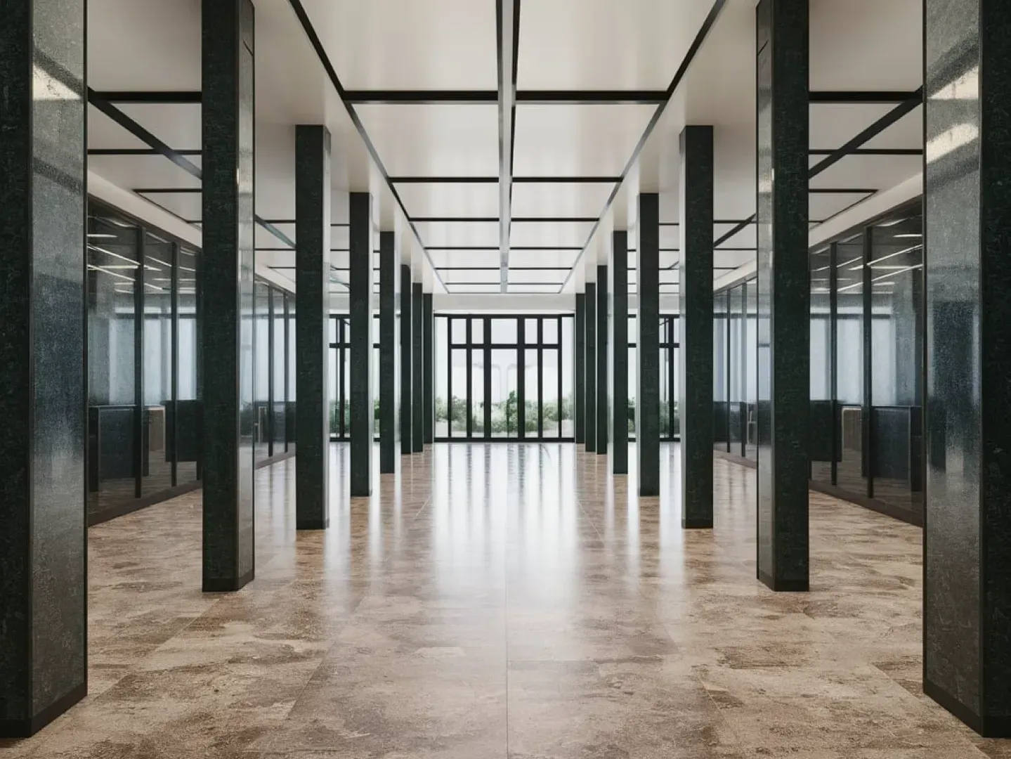 Un gran pasillo vacío con columnas y muchas ventanas.
