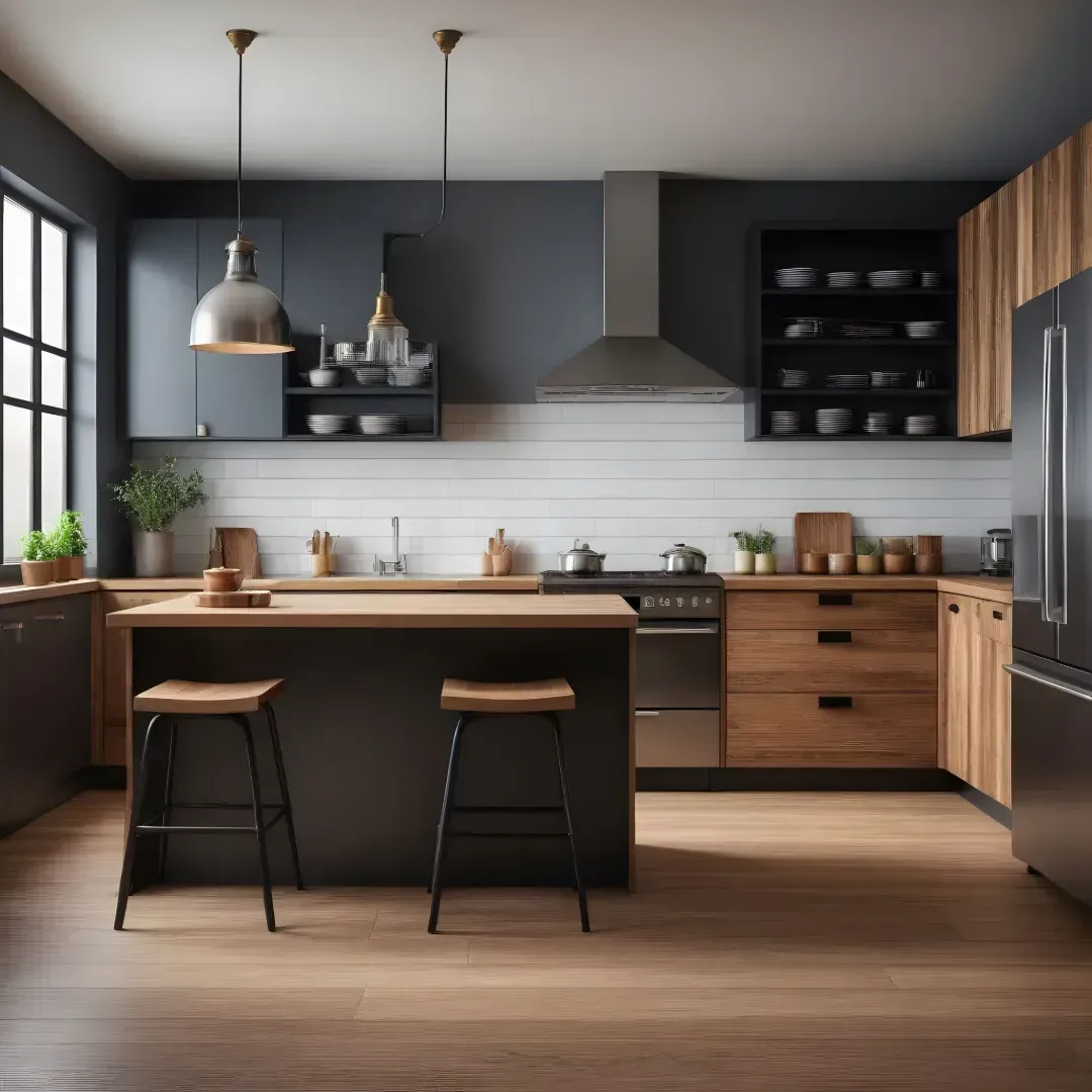 Una cocina con gabinetes de madera y electrodomésticos negros.