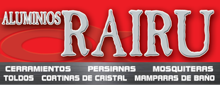 El logotipo de Aluminios Rairu se muestra sobre un fondo rojo.