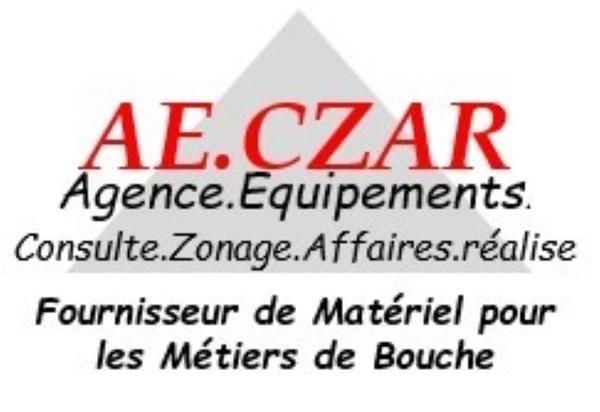 Logo d'AE.CZAR, fournisseur d'équipements pour l'industrie agroalimentaire. Texte rouge sur fond blanc et gris.